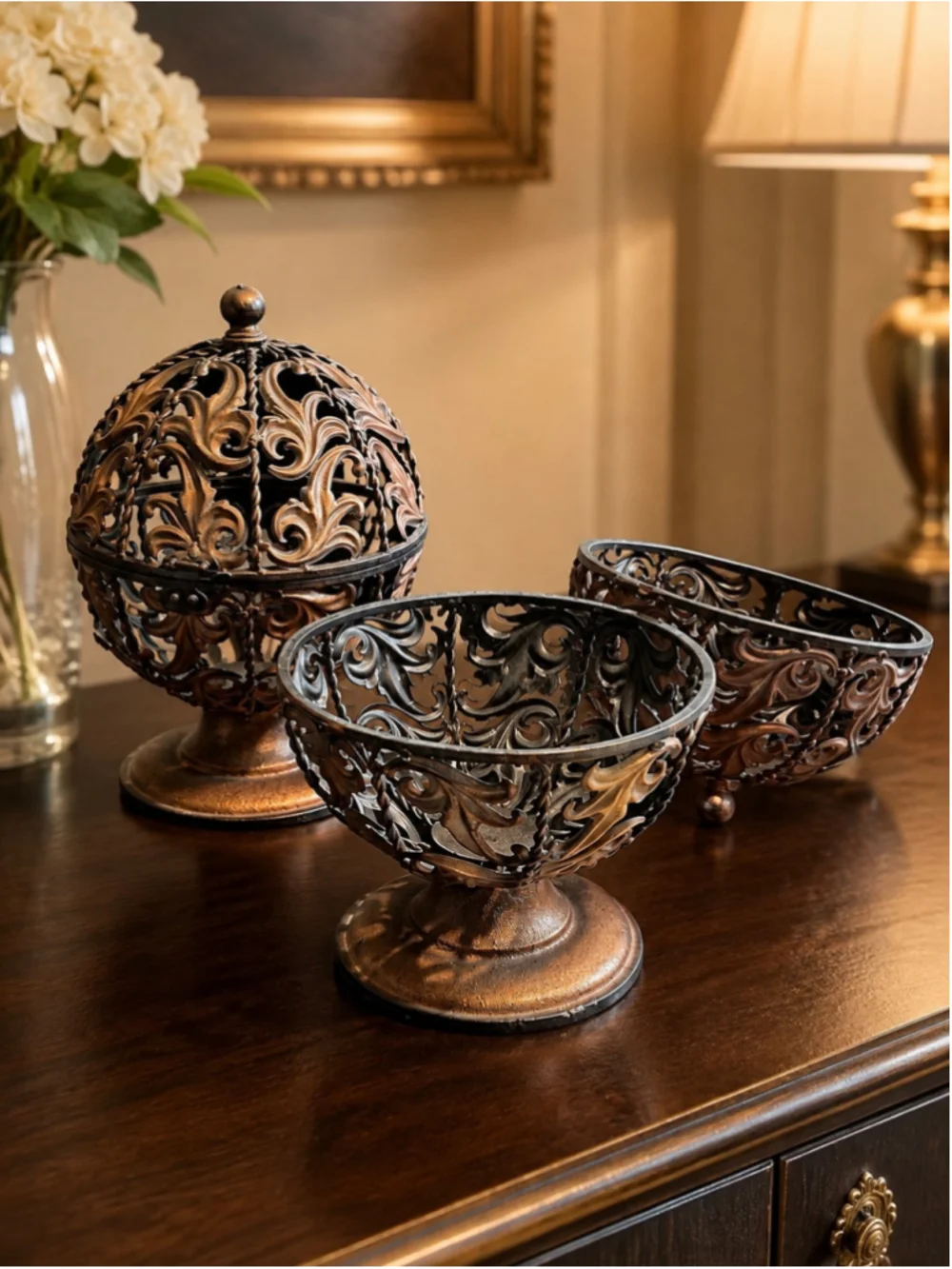 Copper-Finish Filigree Globe Candle Holder Set